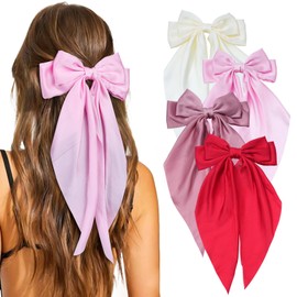 4 Pcs Hair Bows for Women Big Ribbon Bows for Hair Long Tail Bow Hair Clips Cute Hair Barrettes Hair Accessories for Girls (Red + Beige + Pink + Soy Pink)