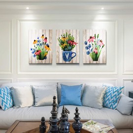 Lapremoly 3 Piece Large Framed Canvas print Artwork Wall Art for Kitchen Wall Decor for Living Room Bedroom Decorations Room Wall Decor Modern Office Home Decor Vintage Wood Grain Flowers Paintings