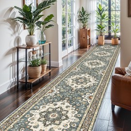 Washable Oriental Hallway Runner Rug - 3x16 Rugs for Living Room Soft Carpet for Bedroom Kitchen Waterproof Floral Distressed Indoor Stain Resistant Non-Shedding Floor Carpets (Blue, 3X16)