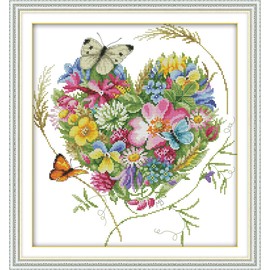 CaptainCrafts Cross Stitch Kits Counted Cross Stitch Unpreprinted Fabric DIY Art Embroidery Kits for Adults Beginners Home Decor (Unpreprinted 14CT, Butterflies Love Heart Shaped Flower)