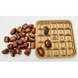 Sharvgun Mahogany Rune Stone Set 25 Piece Set with Runic MDF Wood Chart Engraved Symbolic Pagan Lettering Velvet Black/Red Pouch Included Gift Box