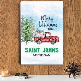 Christmas Red Truck Canvas Wall Art 2020 - Canvas Gift for Family with Name City Saint Johns Michigan State - Modern Canvas Prints Framed Picture Artwork Home Decorations 16"x24"