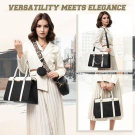 RAINSMORE Purses and Handbags for Women, Fashion Tote Handbag Top Handle Satchel Purses for Work Travel Daily Use with Crossbody Bag Detachable Coin Purse Satchel Handbag Set 3pcs Black and White