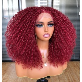 ISAMY Curly Lace Front Wigs for Black Women, 13 x 4 x 1, HD T Part Lace Frontal Wig, Synthetic Hair, Pre-Plucked, Deep Curly Wave Hair, Curly Afro Wig, 17 Inch (Red)