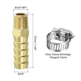 sourcing map Brass Hose Barb Fittings 6pcs 3/8" Barb x 1/8" NPT Male Brass Barb Pipe Fitting with Hose Clamps for Water Fuel Air