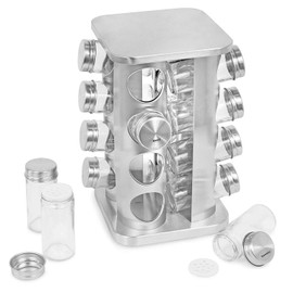 Internet’s Best Revolving Spice Tower - Square Spice Rack - Set of 16 Spice Jars - Seasoning Storage Organization - Stainless Steel