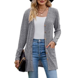MYCOLORBLUE Old Times Cardigans for Women Elegant Ribbed Cardigan Long Sleeve Button Placket with Pockets Knitted Cardigan, gray