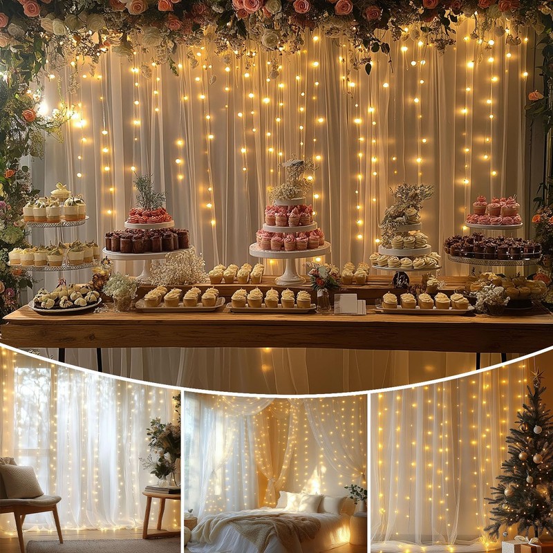 EMHOLDBU White Tulle Backdrop Curtain with Lights String 10x8ft Sheer