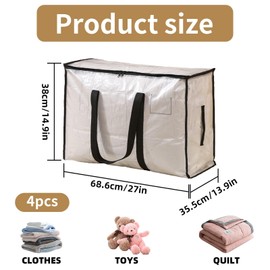 4 Pack Large Clothes Storage Boxes with Lids, Backpack Straps, Zippers & Handles, Transparent Water-Resistant Storage Bags Large Capacity Storage Bags Storage Organiser for Moving House, Under Bed, La
