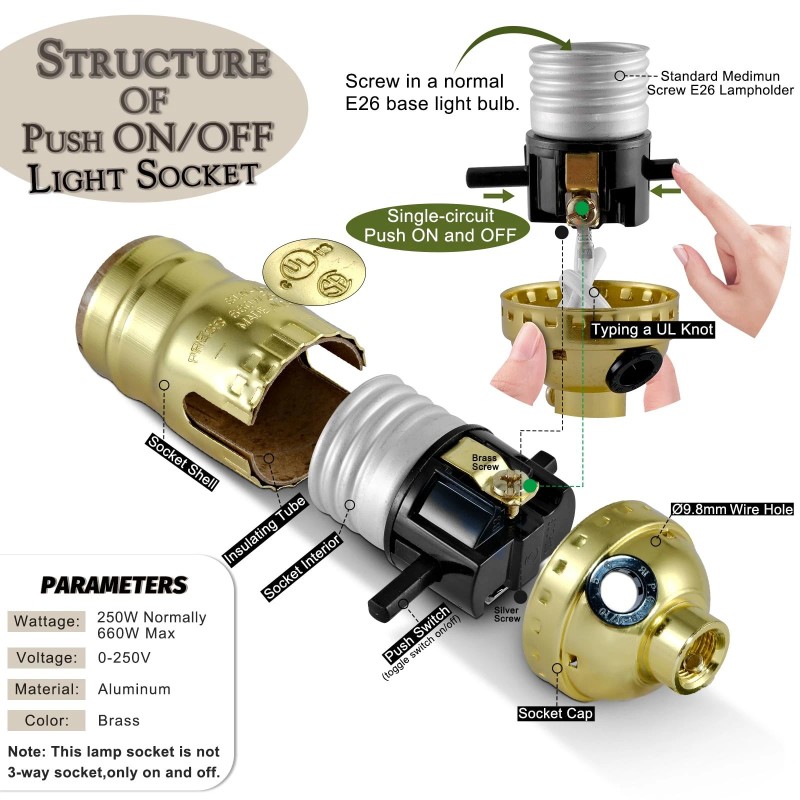 Emnooti Lamp Socket with Push ON/Off Switch,Medium Screw Push Socket,Floor