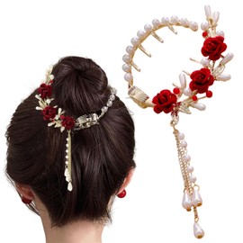 Rose Metal Hair Claw Clip, Pearl Clip for Ponytail, Vintage Red Flowers with Tassels, Elegant Ponytail Buckle Hair Accessories for Daily Hairstyle Design Photo Prop Banquets Weddings for Women