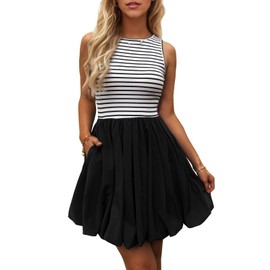 Evzeiem Women's Casual Bubble Mini Dress with Pockets Sleeveless Bubble Hem Striped Tank Short Dresses Summer,Striped Black M