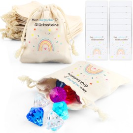 Lucky Stones Gift Set for Children, 12 Treasure Stones + 12 Jute Bags + 12 Congratulations Cards, Ideal Party Bag for Children's Birthday, Secret Santa Gift & Gift Packaging