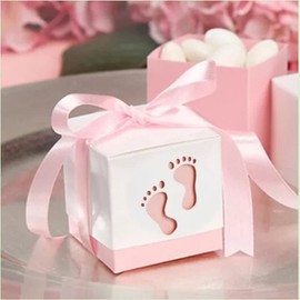 JOSON 50 Pack Baby Footprint Candy Box Newborn Ribbon Bath Gift Box Birthday Party Decoration Gift Box (pink)