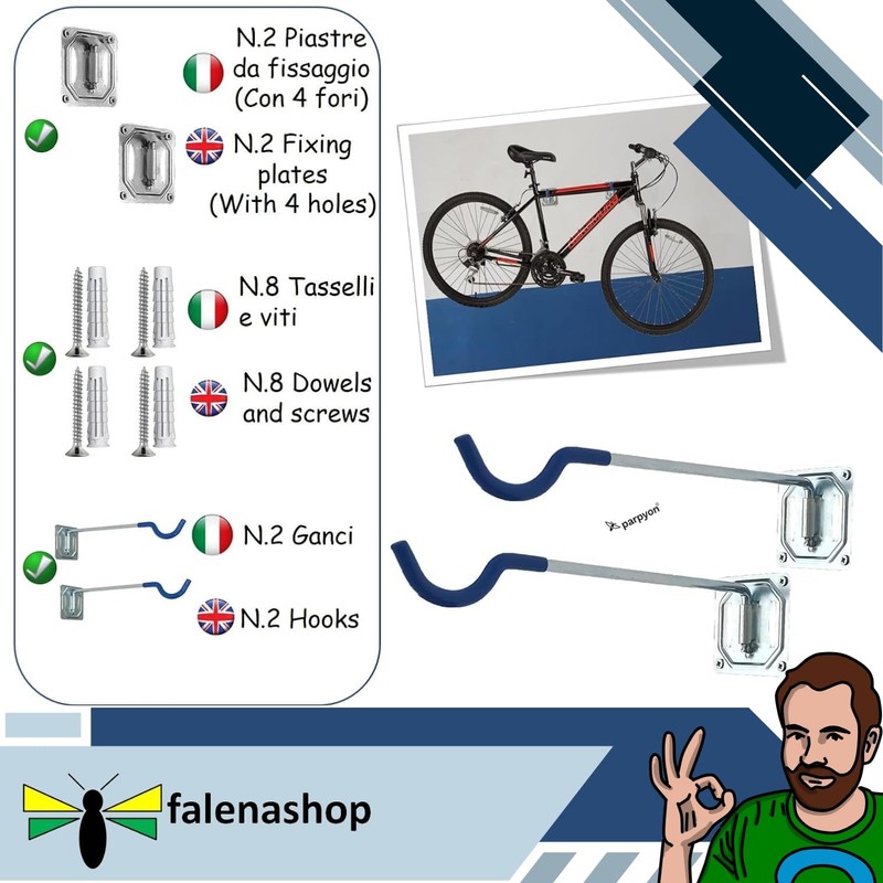 Parpyon® Wall Mounted Bicycle Rack Rack 2 Hooks for Bicycles