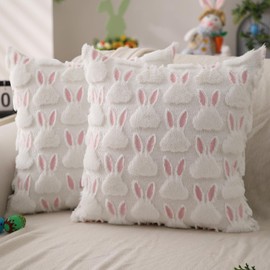 DFXSZ Easter Pillow Covers 20x20 inch Set of 2 Easter Decorations Pink Ears White Rabbit Soft Plush Faux Fur Jacquard Throw Pillows for Bedroom Sofa Holiday Festivals Home Decor FHJ-07D20