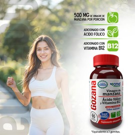 CMD - GOZANA - Gomitas de vinagre de manzana, Ácido fólico y Vitamina B12 - Suplemento Alimenticio Sin Azúcar Sabor Manzana - 1 Frasco con 60 gomitas (INDIVIDUAL)