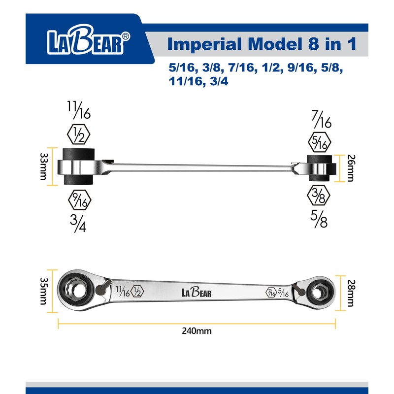LABEAR - SAE 8 in 1 Speed wrench, 8 in