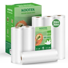 Kootek Vacuum Sealer Bags for Food, 6 Rolls for Custom Fit Food Storage, Meal Prep or Sous Vide, 11"x10'(2 Rolls), 8"x10'(2 Rolls), and 6"x10'(2 Rolls) Commercial Grade Vacuum Seal Freezer Bags Rolls