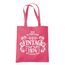 Dead Set Studio 50th Birthday Gifts For Women, Vintage 1974 50th Birthday Tote Bag, 50th Gift For Her, Cotton Fabric Shoulder Reusable Shopper Bag, 50th Anniversary Present RASPBERRY PINK