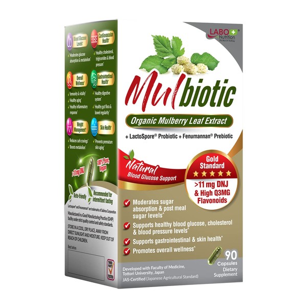 LABO Nutrition Mulbiotic Capsule, Organic Mulberry Leaf Extract + LactoSpore Probiotic & Fenumannan Prebiotic, for Healthy Blood Glucose Leval, Sugar & Carb Cravings Support, Vegetarian, Non-GMO