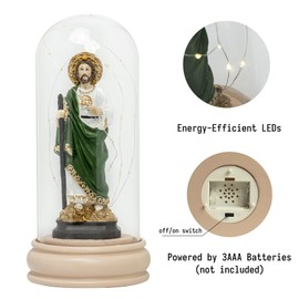 AEMYNOUZ 9.1'' Saint Jude Statue Thaddeus with LED Light in Glass Dome, Coins Money Resin Hand Painted San Judas Tadeo Figurine, Religious Gift for Catholic, Home Décor, with 4 Prayer Bracelets