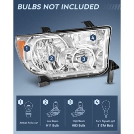 Nilight Headlight Assembly for 2007 2008 2009 2010 2011 2012 2013 Toyota Tundra 2008-2017 Sequoia Headlamps Replacement Chrome Housing Amber Reflector Driver and Passenger Side