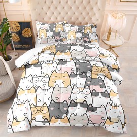 QOOMO Kawaii Cat Comforter Twin Size,Cats Comforter Set for Kids Teens Girls Boys,3Pcs Bedding Set Printed Comforter with 2 Pillowcases,Down Alternative,Soft and Lightweight，Twin Size