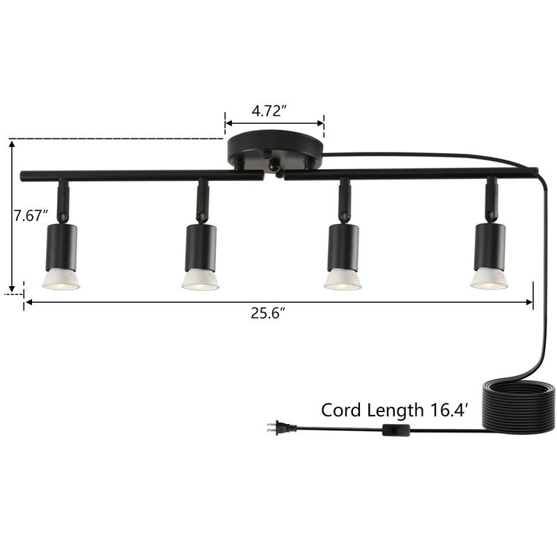 Dimmable 4 Light Black Plug in Track Light White Plug
