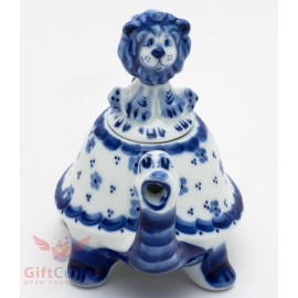 Handmade Porcelain Gzhel teapot Tortoise turtle with Lion cub as lid handmade in Russia