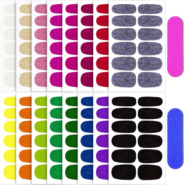 16 Sheets Glitter Nail Wraps Nail Polish Stickers Self-Adhesive Nail Art Decals Strips in Solid Colors with 2 Pieces Nail File for Women Girls DIY Manicure Nail Art Decoration (Classic Color)