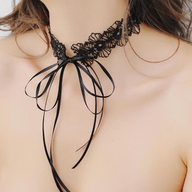 Inateannal Black Lace Flower Choker for Women Girls Gothic Bowknot Choker with Long Ribbon Vintage 90s Lace Tattoo Choker Collar Necklace Wedding Necklace Jewelry for Bridal