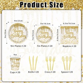 140pcs Golden Happy Birthday Party Supplies Gold Birthday Paper Plates Napkins Gold Glitter Birthday Dessert Party Tableware Set Golden Dinnerware for Birthday Party Decoration Serve 20