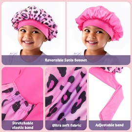 Lolalet 2 PCS Kids Bonnets for Girls, Reversible Silk Bonnet for Sleeping Satin Bonnet Cap with Wide Elastic Band -Cow & Leopard