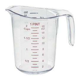 Restaurantware RW Base 1 Pint Measuring Jar 1 Durable Measuring Beaker - Metric And Imperial Units V-Shaped Spout Clear Plastic Measuring Cup Handle With Thumb-Grip Tolerates Up To 248F
