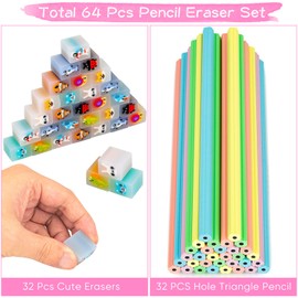 64 Pencils with Eraser Children's Set, 32 Funny Erasers Children + 32 Petals Pencil Children, Pens Children Party Bag Children's Birthday, Cool School Supplies Boys and Girls