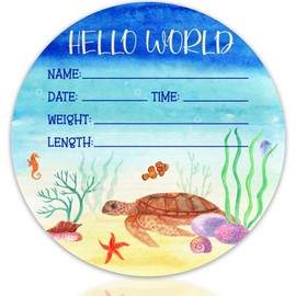Baby Announcement Hello World Newborn Sign, Sea Turtle Theme Wooden 6 Inch Round Board, Ocean Newbaby Gifts, Nursery Wall Décor, Baby Name Sign for Boys Girls