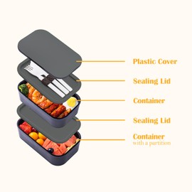 Stackable Bento Box with Utensils Microwave Safe, All-in-One Meal Prep Compartment Lunch Containers Leak Resistant Lunch Box with Sauce Container 60oz Gray(without bag)