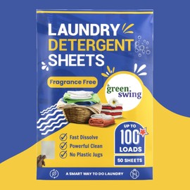 Green Swing Laundry Detergent Sheets - 100 Loads (50 Sheets) - Washer Strips - Liquid-Less Technology - No Plastic - Eco Sheet (Fragrance Free, 1 Pack)
