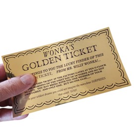 Wonka Golden Ticket (1971) movie actual size 3.5 x 6 and screen correct fonts, wall art, cosplay prop, mirror gold ticket