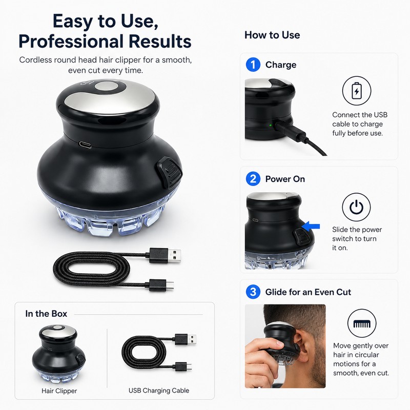 Wireless Round Head Hair Clipper for DIY Haircuts – Adjustable