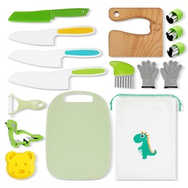 HAIMST Kids Knife Set for Real Cooking, 15 PCS Montessori Kitchen Tools Kids Kitchen Knife Set with Wooden Safe Knife Serrated Edges Plastic Toddler Knife Cutting Board Crinkle Cutters