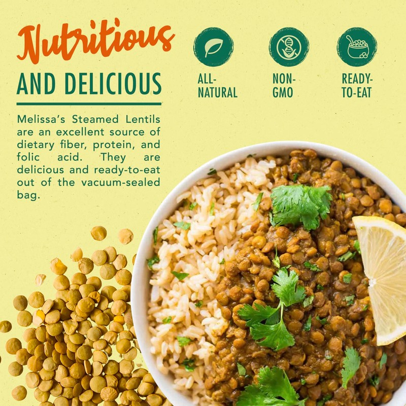 Melissa's Steamed Lentils, Pre-Cooked and Ready to Eat Lentils, Non-GMO