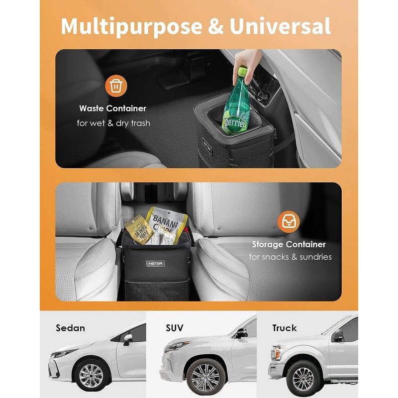 HOTOR Car Trash Can with Lid and Storage Pockets -