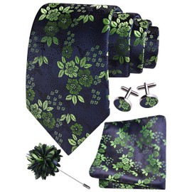 Gusleson Green Tie for Men Wedding Silk Green Navy Floral Necktie Pocket Square Cufflinks and Lapel Pin Brooch Set (UK6107-36)
