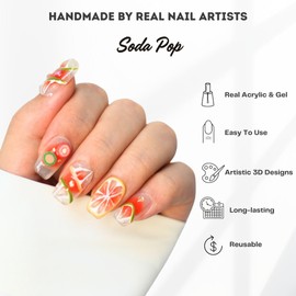 Hanakoko Handmade Press-On Nails, Floral Designs with Glitter and Pearls, Coffin Shape Press-on Nails Reusable 10 Pcs (Soda Pop, M)