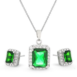Crystalline Azuria Set with Green Simulated Emerald Zirconia Crystals Pendant Necklace 18 inches Stud Earrings 18K White Gold Plated for Women