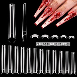 600PCS XXL Coffin Nail Tips No C Curve Nail Tips, Extra Long Clear Coffin Nail Tips for Acrylic Nails Professional, Half Cover Flat Acrylic Nail Tips Fake Nails for Nail Salon and Home DIY 12 Sizes