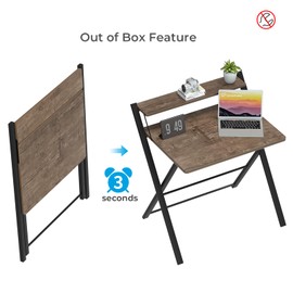 GreenForest No Assembly Folding Desk, 2-Tier Compact Computer Desk with Shelf, Space Saving Foldable Table for Home Office, Dorm or Apartment, Portable Collapsible Sturdy Laptop Desk, Brown