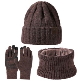 Favoreal Womens Mens Warm Knit Beanie Hat Neck Scarf Touchscreen Gloves Set Fall Winter Hat Fleece lined Skull Caps Neck Gaiter Anti-skid Gloves (Coffee)